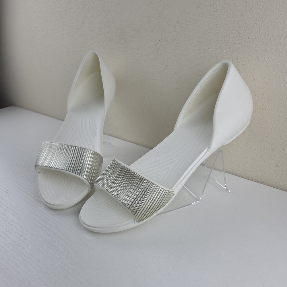 Crocs Lina Sandal  White‎ D'Orsay Embellished Flat Open Toe Shoe Wmns Sz 11 NWOB